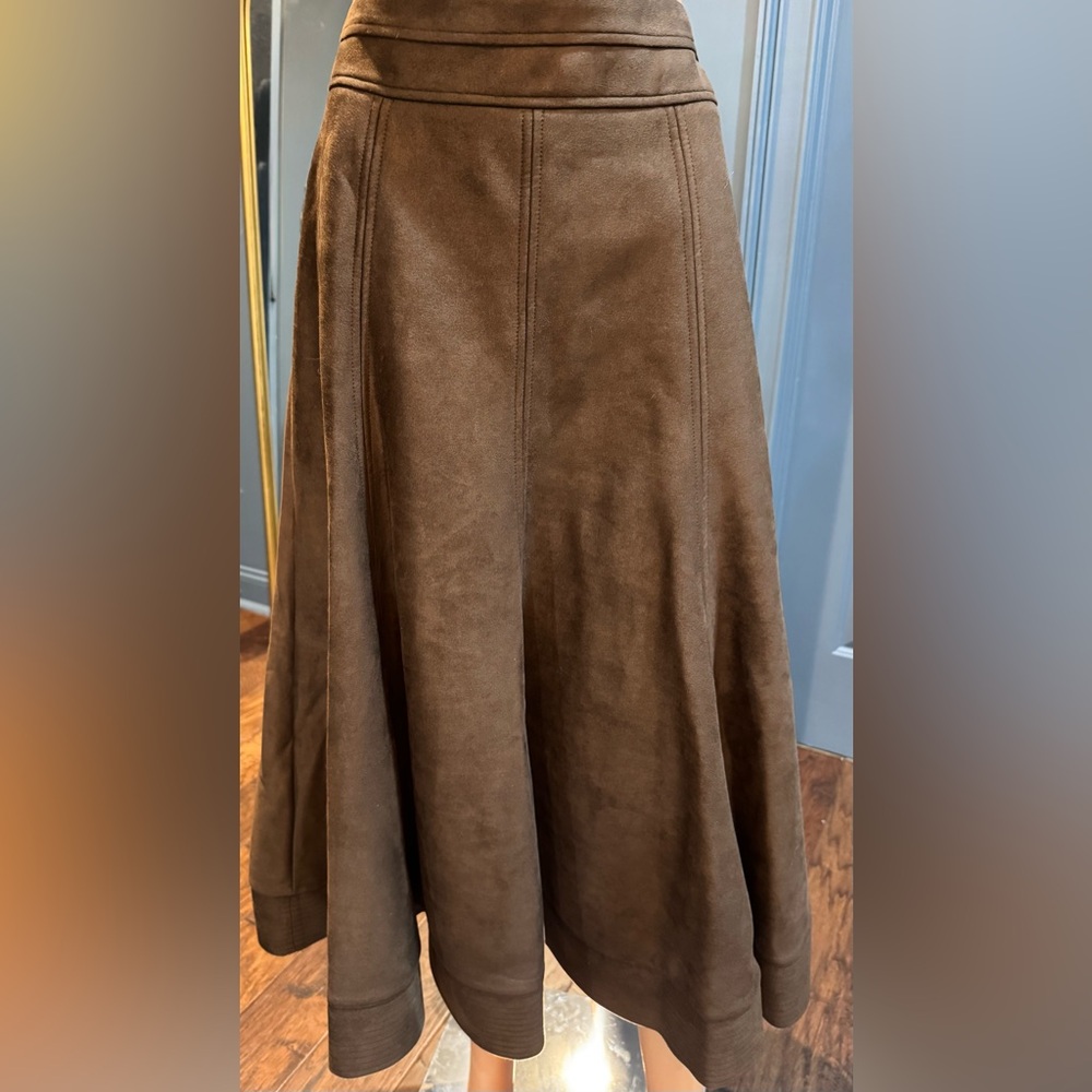 Brown Faux Suede Midi Skirt A-Line Flowy High Waist Workwear Size 8 NWT